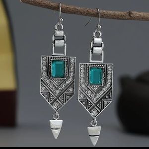 Vintage Style Art Deco Emerald Green Color & White Crystal Ethnic Drop Earrings